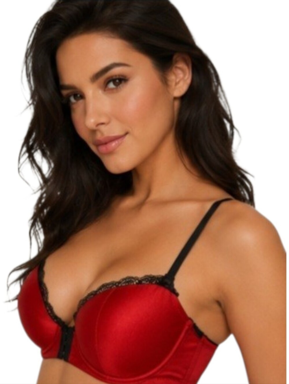 💋Blush Red & Black Lace Bra 34D Satin Underwire Push-Up Lingerie Sexy Front 💋